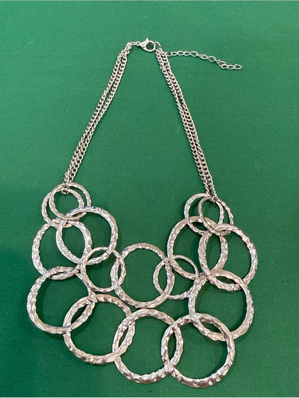 SilverTone Layered Statement Necklace W/Interlocking Hammered Circular Links 52F
